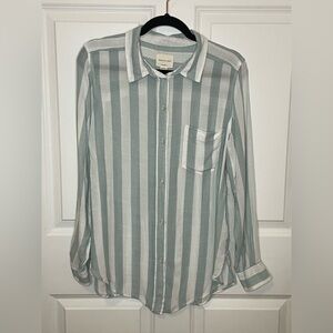 American Eagle Oversized Fit Striped Button Down Shirt Sage White Viscose M